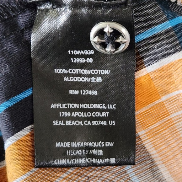 Affliction Black Premium Buckle Western Shirt Mens XL Slim Orange Black Plaid - Picture 6 of 11